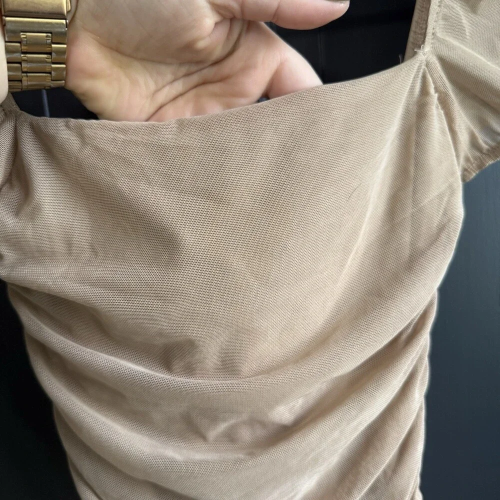 Princess Polly Nude tan Charvi Cap Sleeve Ruched Minidress Size 0 - Picture 5 of 10